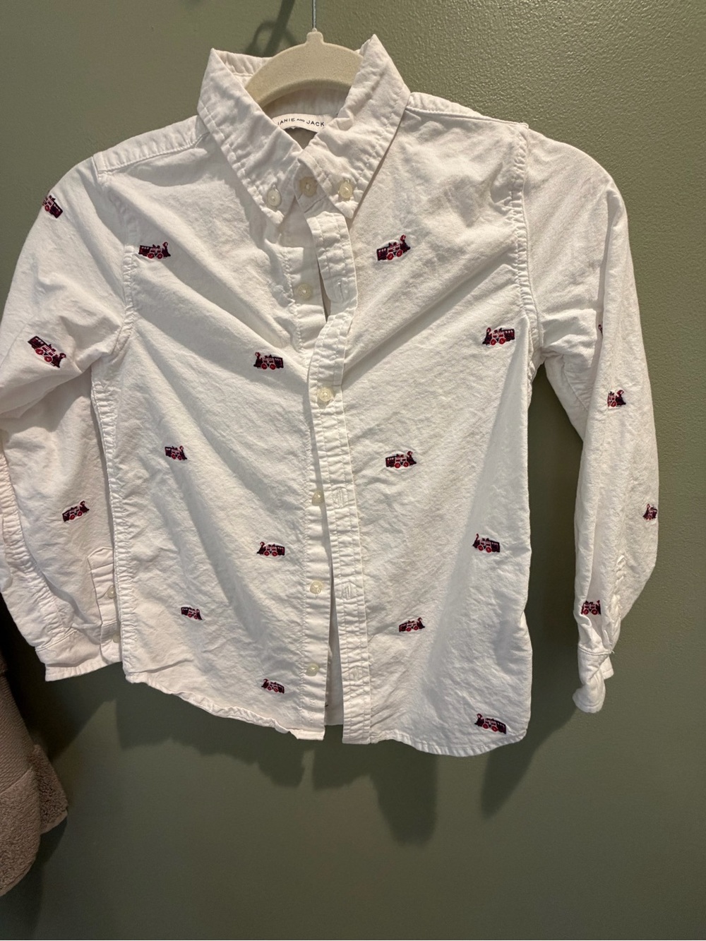 Janie and Jack White Button-Down Shirt with Red Train Embroidery